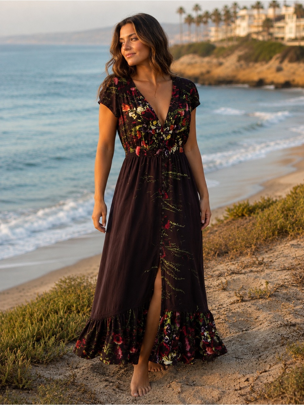 JAASE Plum Floral Maxi Dress with V-Neck